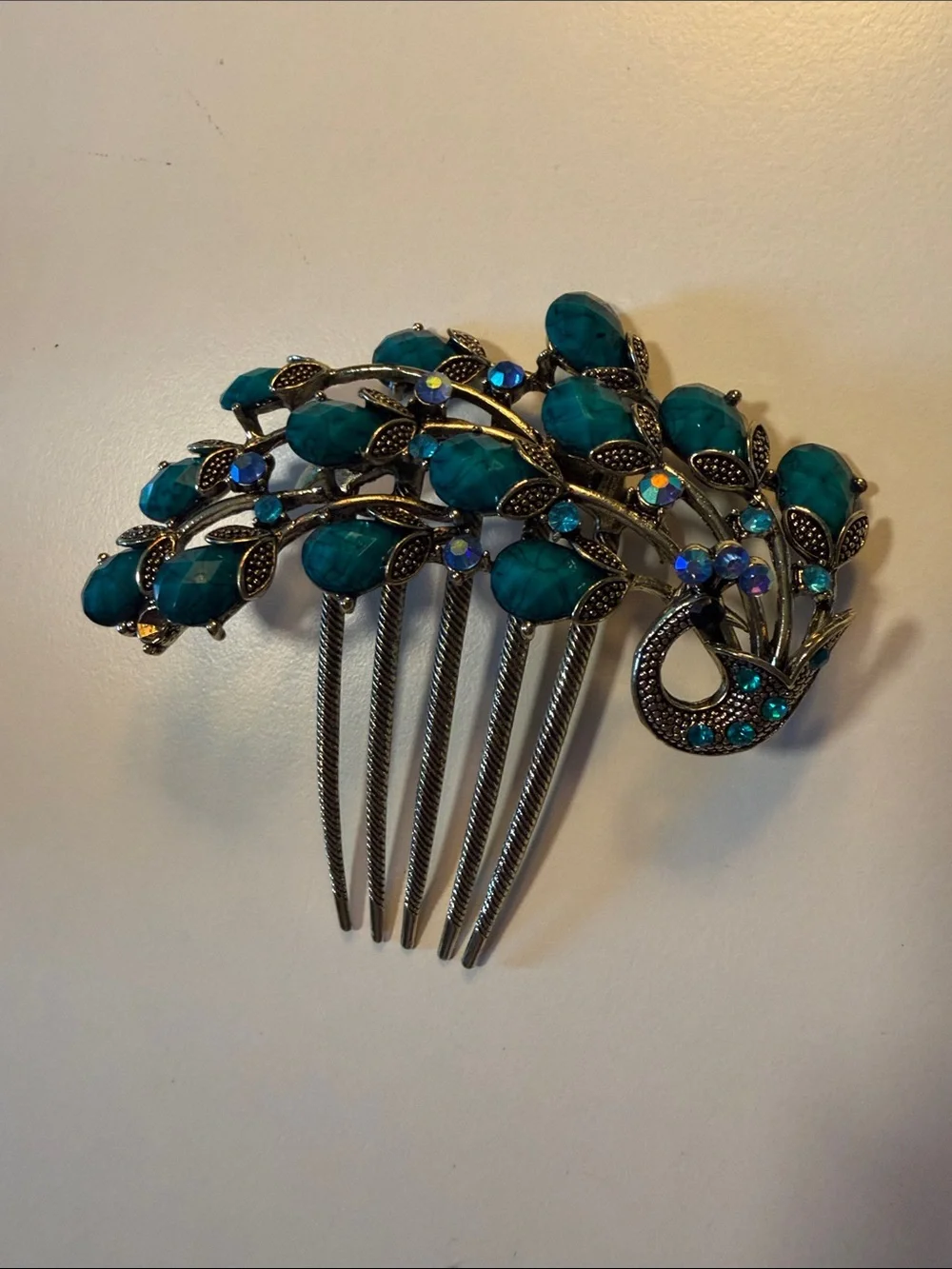 Teal Peacock 🦚 Crystal Floral Hair Comb Pin